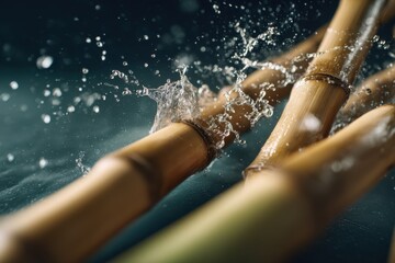 Poster - Bamboo Stalks Splashed With Water Against Dark Background, Symbolizing Natural Wellness and Sustainable Living : Generative AI