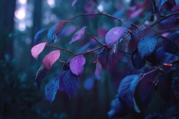 Poster - Purple and Blue Leaves on a Branch After Rain, Symbolizing Natural Beauty and Environmental Awareness for a Sustainable Future : Generative AI