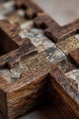 Fototapete - Wooden Puzzle Pieces Interlocking on Stone Surface, Symbolizing Problem Solving and Strategic Partnership, Ideal for Corporate Strategy : Generative AI