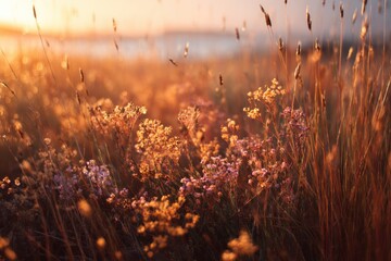 Poster - Wildflowers and Grasses at Sunset, Evoking Natural Beauty and Serenity for Wellness Retreats and Outdoor Advertising Campaigns : Generative AI