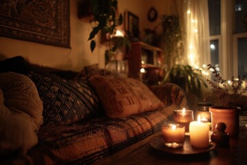 Fototapete - cozy living room lit by candles at night, illustrating relaxation and home decor inspiration, perfec