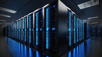 Poster - Futuristic data center interior with high-performance servers glowing in blue, great for illustrating big data, IT management, and secure network environments