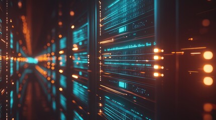 Fototapete - Abstract motion blur of vibrant data servers with neon lights, ideal for futuristic tech themes, cloud infrastructure, and innovation-focused digital backdrops