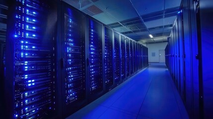 Fototapete - Clean high-tech server room with glowing blue lights and secure enclosures, suitable for IT presentations, server management, and cloud computing visuals