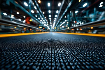 Poster - Industrial conveyor belt in a manufacturing facility with bright overhead lights creating a dynamic atmosphere