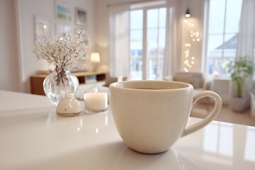 Poster - Warm cup of coffee sits on a kitchen counter in a cozy, bright living room