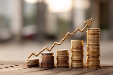 Poster - Currency growth trend with coins stacked in increasing order during sunset