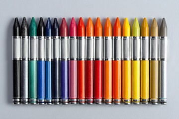 Poster - Vibrant assortment of colored crayons arranged neatly on a gray surface in bright hues