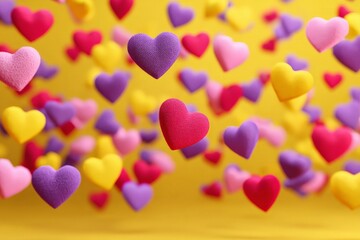Leinwandbilder - Colorful hearts floating on a bright yellow background create a joyful atmosphere for celebrations and special occasions