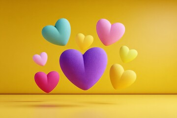 Poster - Colorful hearts float against a bright yellow background, creating a cheerful and playful atmosphere