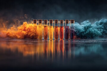Poster - Vibrant test tubes filled with colored liquids against a smoke backdrop in a laboratory environment