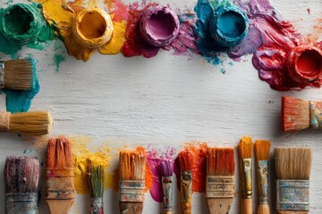Poster - Colorful array of paint and brushes arranged artfully on a wooden surface in a creative workspace