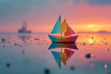 Aufkleber - Colorful paper boats on a serene lake at sunset create a tranquil reflection and atmosphere of peace