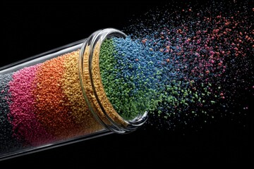 Aufkleber - Colorful granules spilling from a glass container create a vibrant display against a dark background