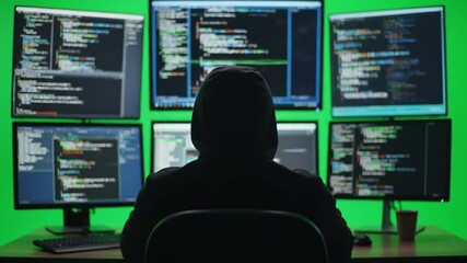 from a lone hacker programmer sitting at a desk with four monitors performing hacking attacks.