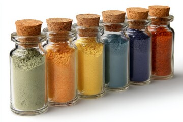 Aufkleber - Collection of vibrant natural pigments in glass vials arranged on a white background for artistic use