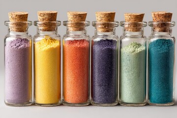 Aufkleber - Colorful powdered pigments displayed in glass vials with corks arranged in a row on a neutral backdrop