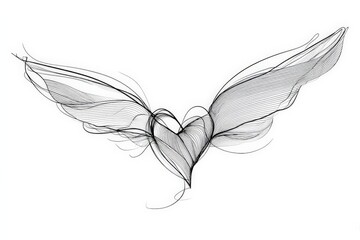 Poster - Elegant wire art depicting a heart intertwined with angel wings in a minimalist style
