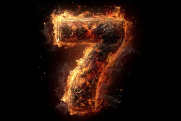 Fototapete - Number seven illuminated by fiery flames against a black background creating a dramatic visual effect and capturing attention
