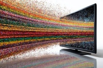 Aufkleber - Colorful particles streaming from a television showcasing a dynamic visual explosion of creativity and technology in a modern setting