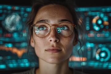 Aufkleber - Woman with glasses engaged in analysis in a modern digital workspace featuring advanced technology and data displays