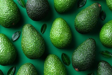 Wall Mural - Fresh avocados arranged on green background showcasing their vibrant textures and colors
