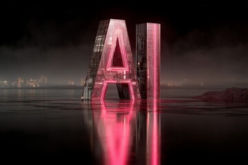 Poster - Neon AI letters illuminated in a dark, reflective water landscape with city lights in the background at night