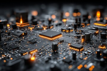 Poster - Intricate close-up of a modern circuit board with illuminated components and interconnected circuits