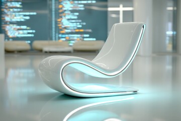 Poster - Modern minimalist chair in a sleek office space featuring high-tech background and clean design aesthetics