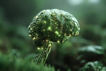 Poster - Digital brain structure illuminated in a lush green forest setting with futuristic circuitry details