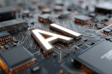 Fototapete - Circuit board backdrop emphasizes AI technology with glowing letters in a modern, digital environment