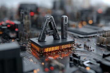 Fototapete - Artificial intelligence displayed on a computer chip in a modern technology environment with glowing circuitry