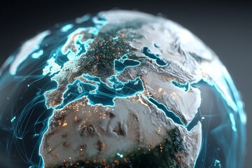 Aufkleber - Global map showcasing illuminated continents and connected networks in a digital style