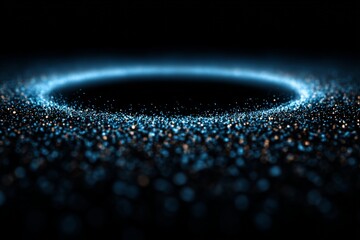 Poster - Bright blue particles gather in a circular shape against a black background creating a captivating visual effect