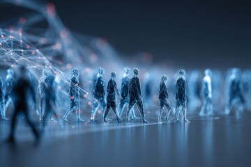 Poster - Futuristic depiction of people walking through a digital landscape with interconnected nodes
