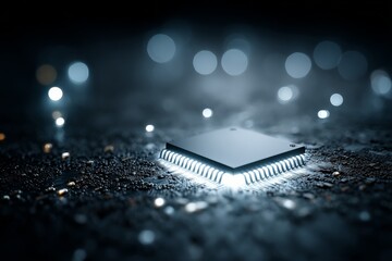 Aufkleber - Microchip illuminated on circuit board with glowing elements in a dark setting