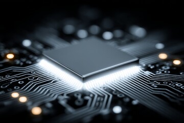 Fototapete - Close-up view of a modern microchip on a circuit board with glowing components in a dark setting