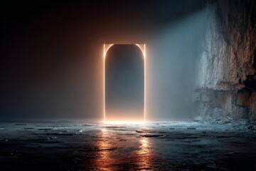 Aufkleber - Mysterious illuminated doorway in a dark cave setting captures the imagination at twilight