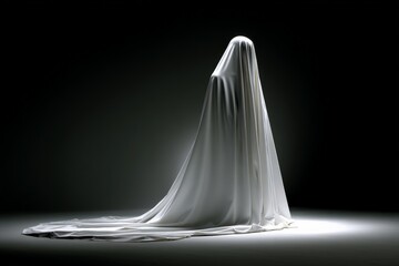Aufkleber - Mysterious figure shrouded in white fabric standing in a dark space illuminated by soft light