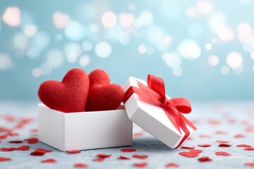 Poster - Gift box filled with red hearts on blue background surrounded by heart confetti