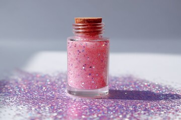Aufkleber - Bright pink glitter in a glass bottle with a cork top sits on a surface scattered with colorful sparkles under natural light