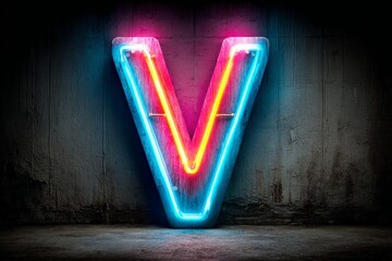 Poster - Bright neon letter V glowing in a dark urban environment during nighttime with a textured wall in the background