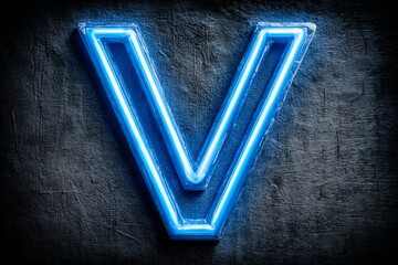 Poster - Bright blue neon letter V illuminating a dark wall in a modern urban setting at night