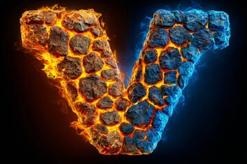 Poster - Volcanic letter V made of lava rocks glows with vibrant flames and blue flames in a dark background