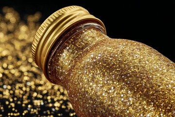 Aufkleber - Sparkling gold glitter in a jar on a black background with shimmering particles surrounding it