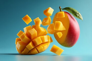 Wall Mural - Fresh mango cut into cubes with vibrant yellow flesh and a red skin against a bright blue background