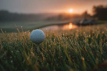 Poster - Morning dew glistens on golf ball in grass as sun rises over serene course landscape