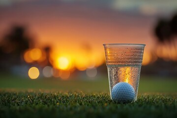 Poster - Serene sunset over a golf ball resting next to a cup of water on a grassy field
