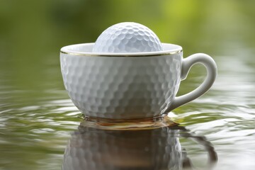 Fototapete - Unique golf ball resting in a delicate teacup floating on still water at twilight