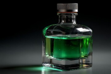 Aufkleber - Glass bottle with green liquid illuminated against dark background in a creative studio setting